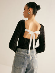 Backless Bow Crop Cable Sweater