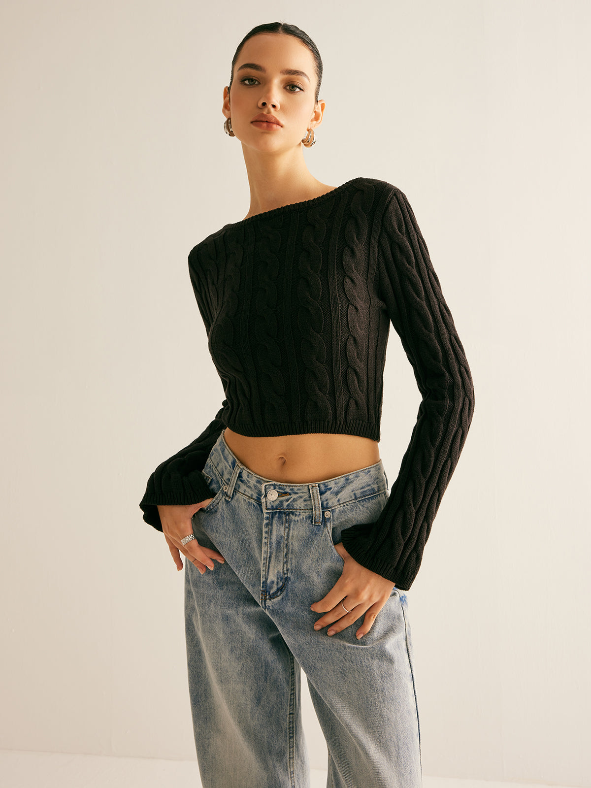 Backless Bow Crop Cable Sweater