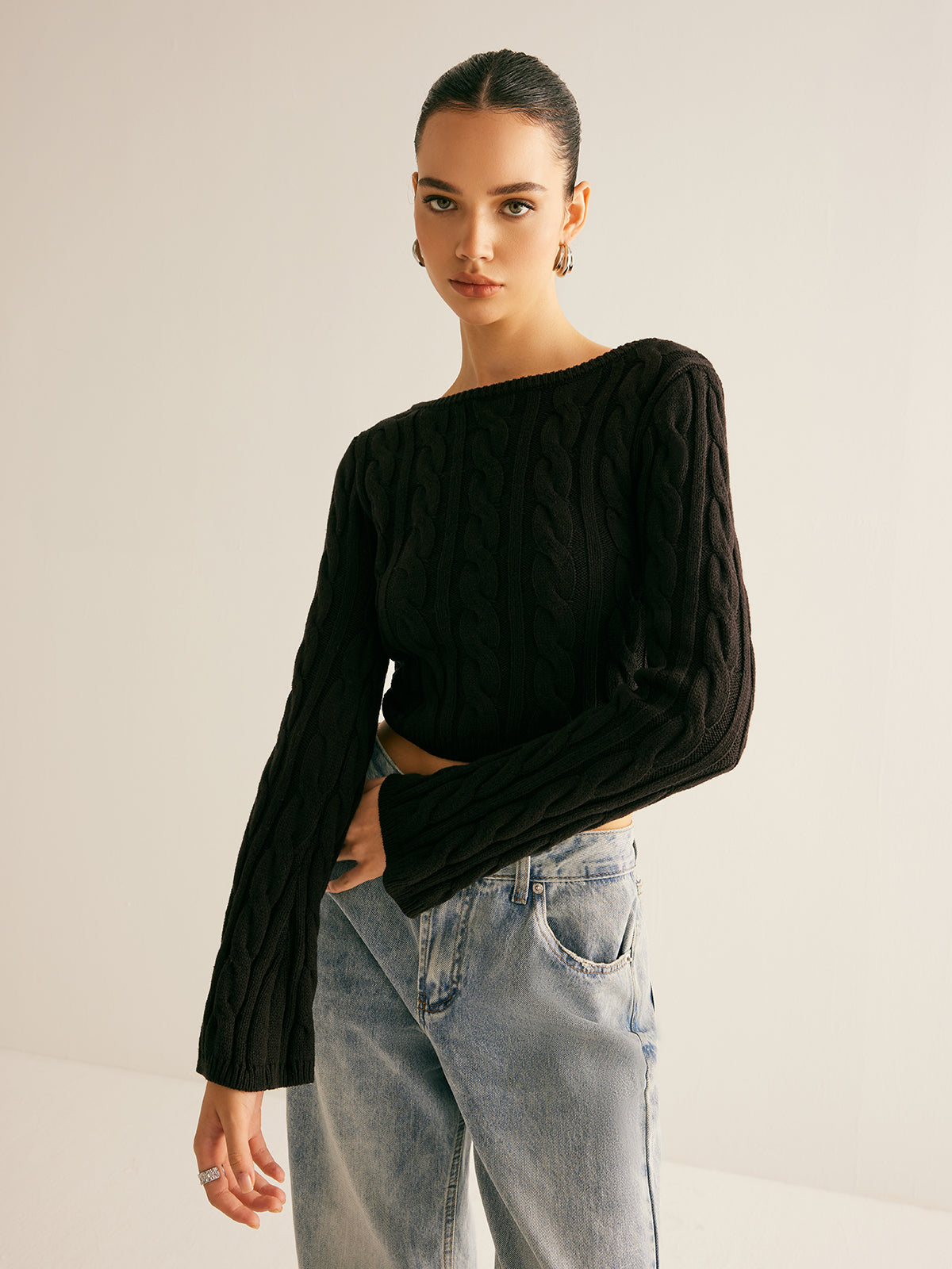 Backless Bow Crop Cable Sweater