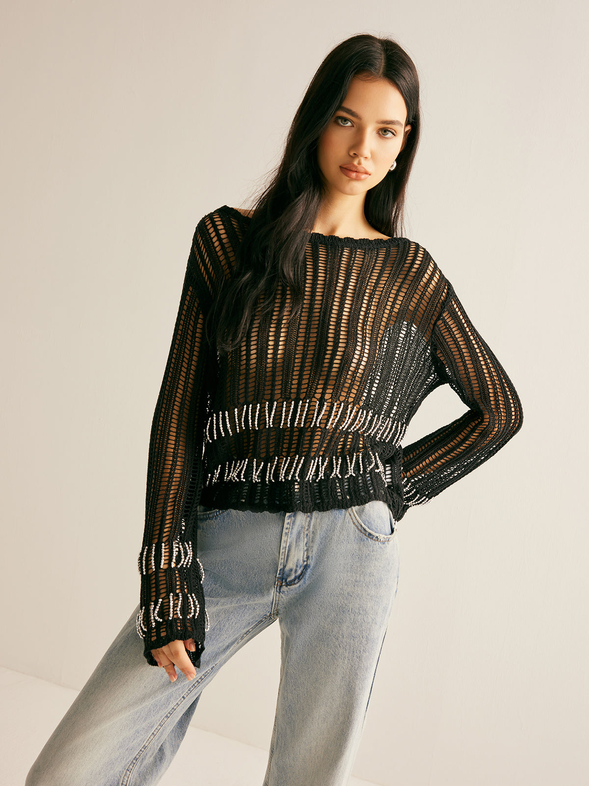 Rhinestone Hollow Knit Top