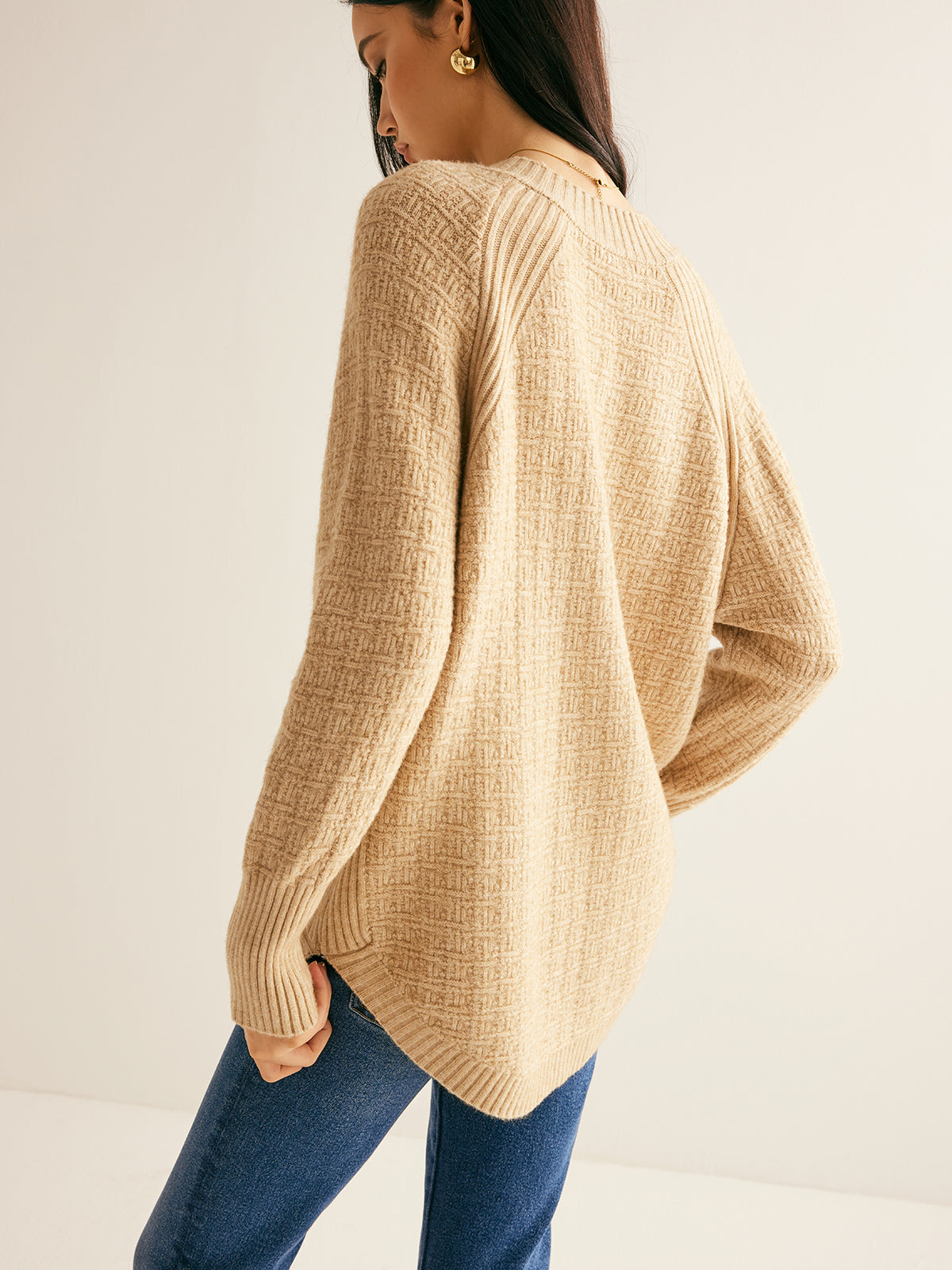 V-Neck Waffle Shift Sweater