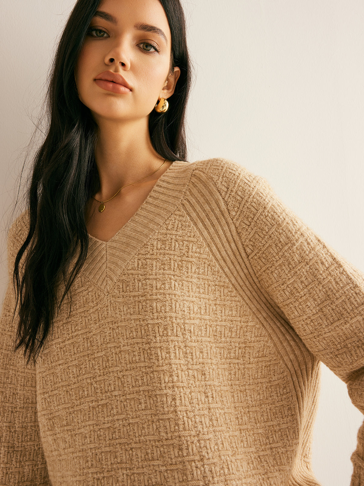 V-Neck Waffle Shift Sweater