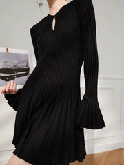 Keyhole Neckline Bell Sleeve Pleated Dress