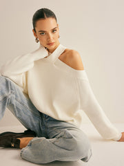 Cross-Over Collar Cold-Shoulder Sweater