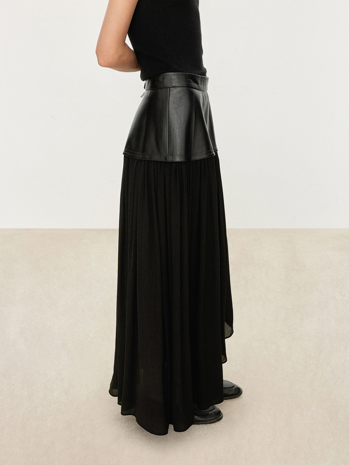 Pleated Zipper PU Leather Maxi Skirt