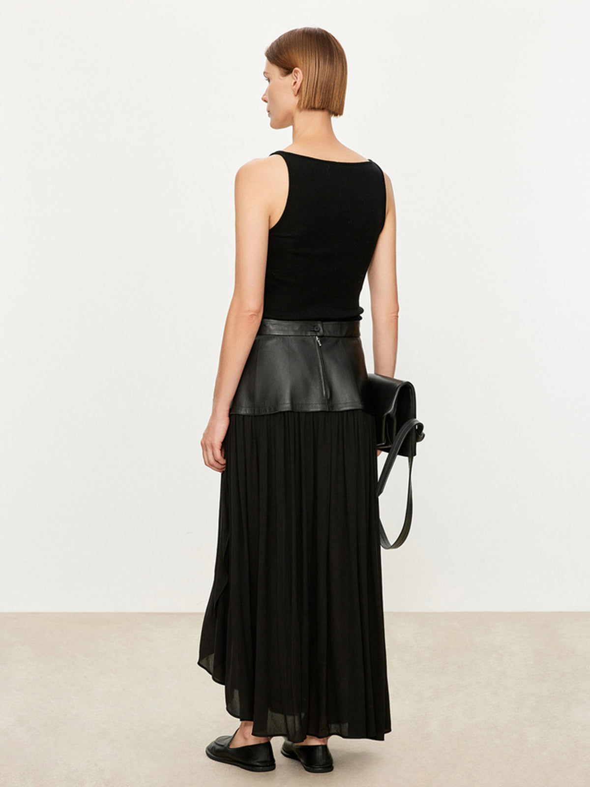 Pleated Zipper PU Leather Maxi Skirt