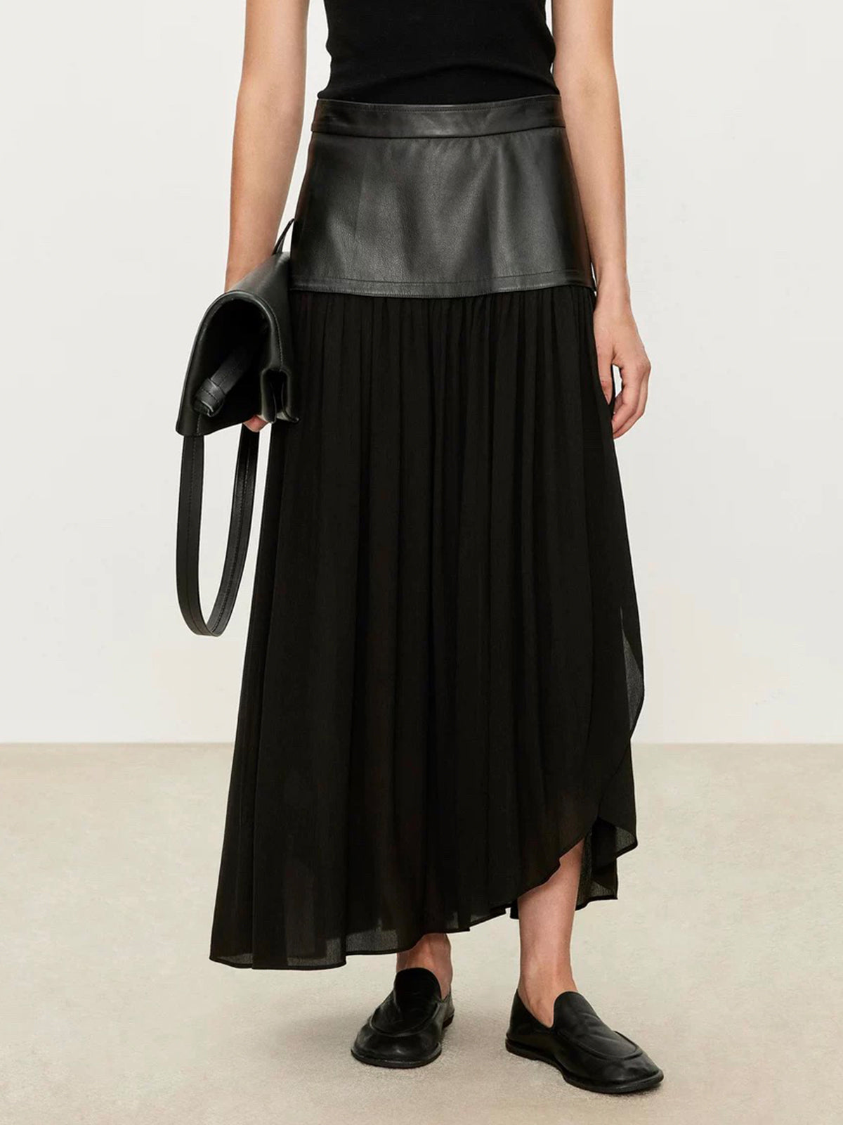 Pleated Zipper PU Leather Maxi Skirt