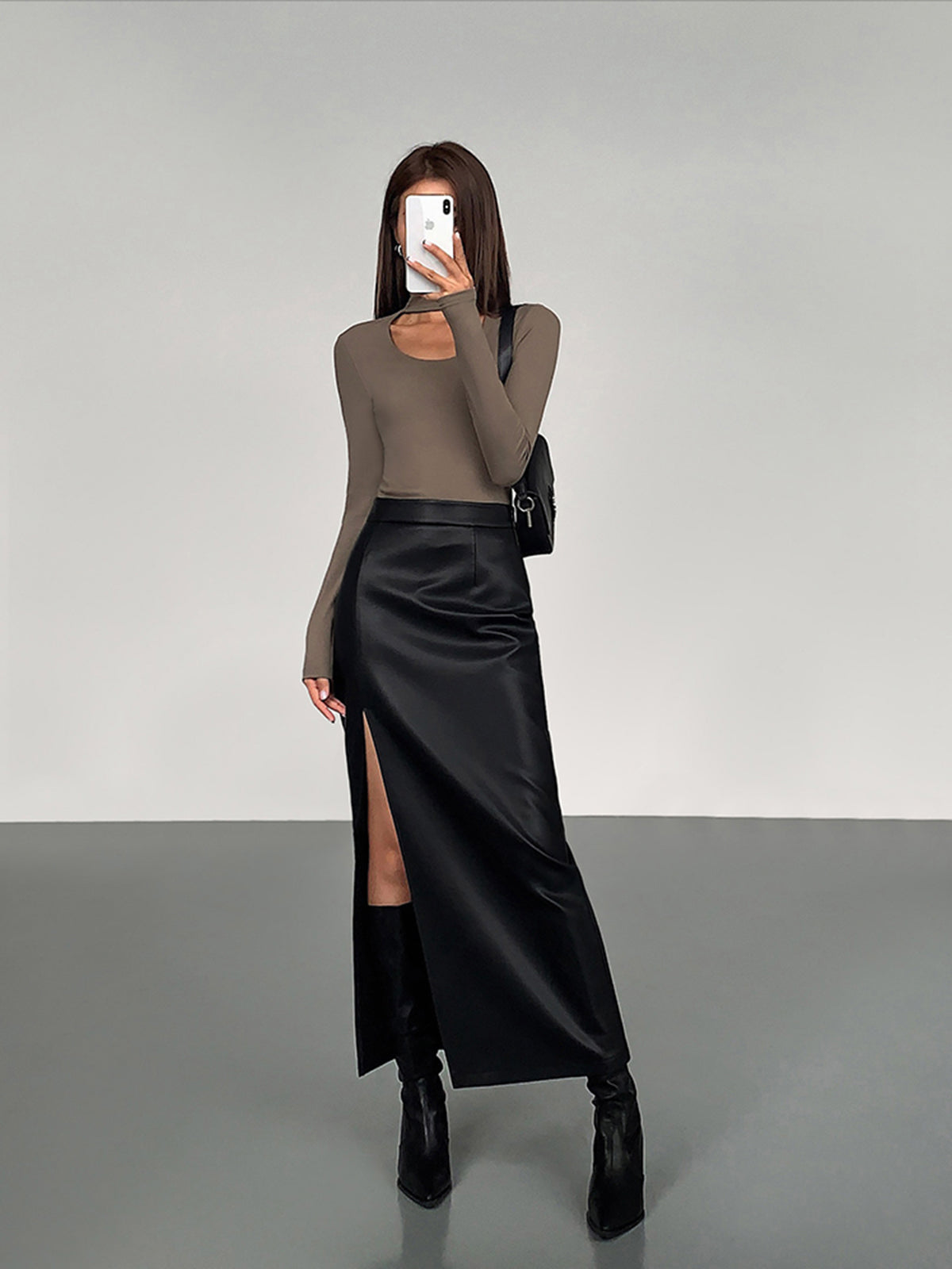 Side Split PU Leather Midi Skirt