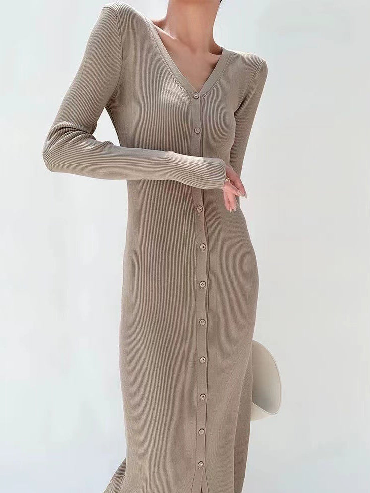 V-Neck Breasted Slim Knit Dress