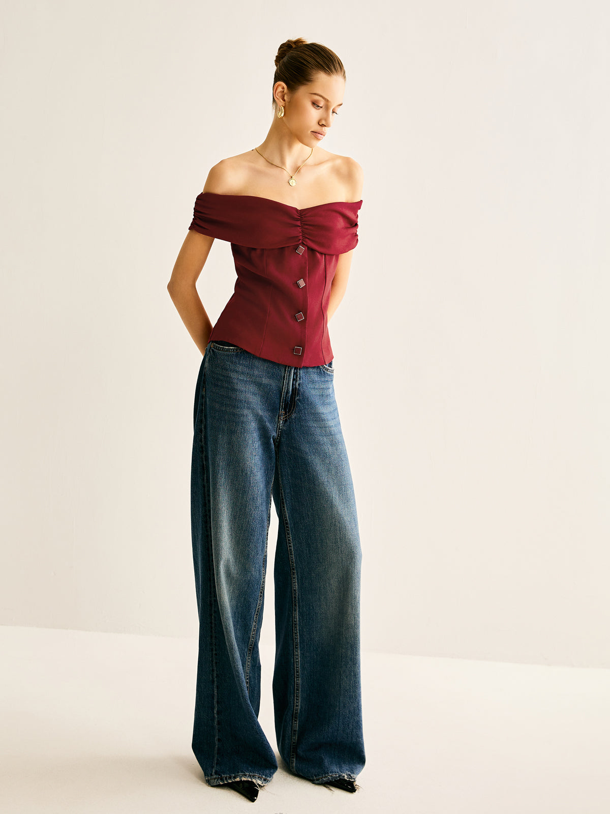 Off-Shoulder Ruched Breasted Blouse