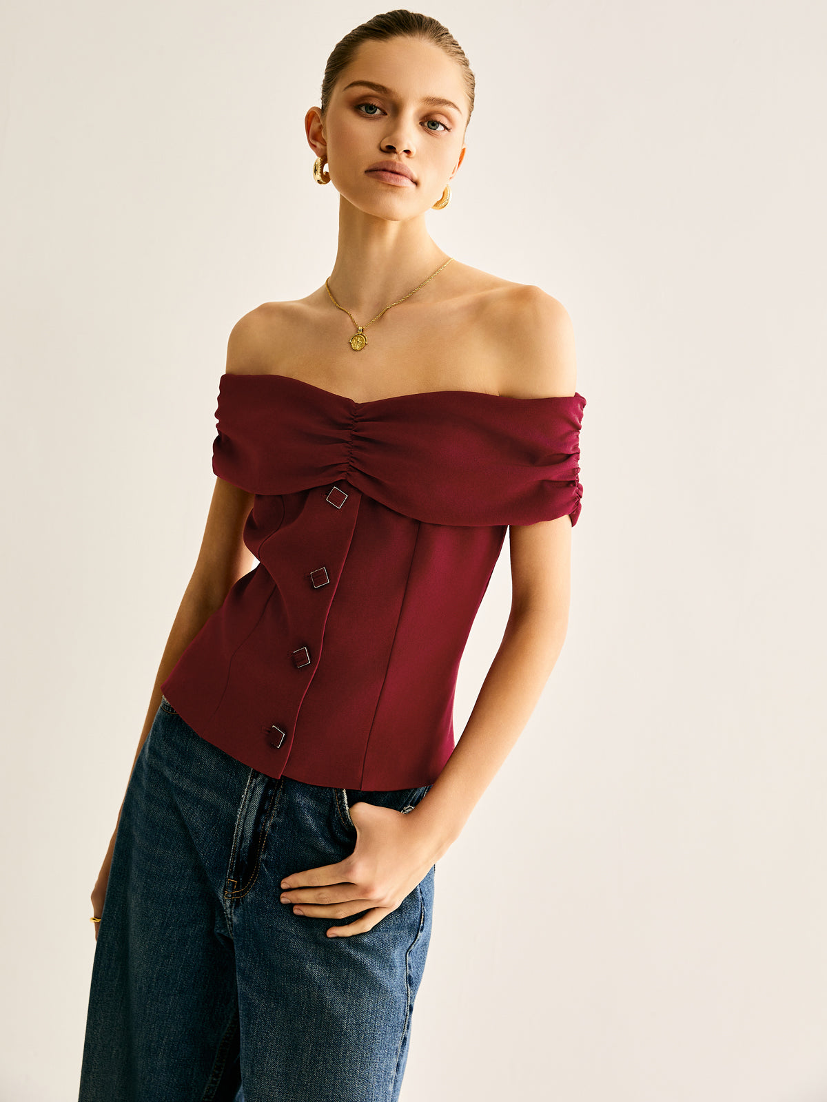 Off-Shoulder Ruched Breasted Blouse