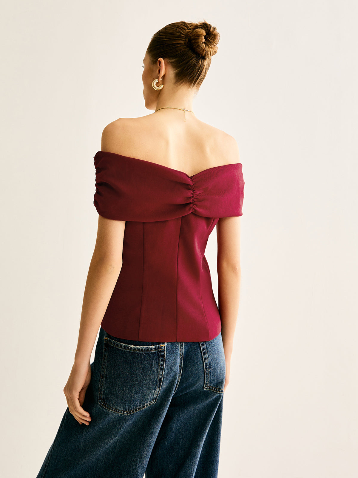 Off-Shoulder Ruched Breasted Blouse