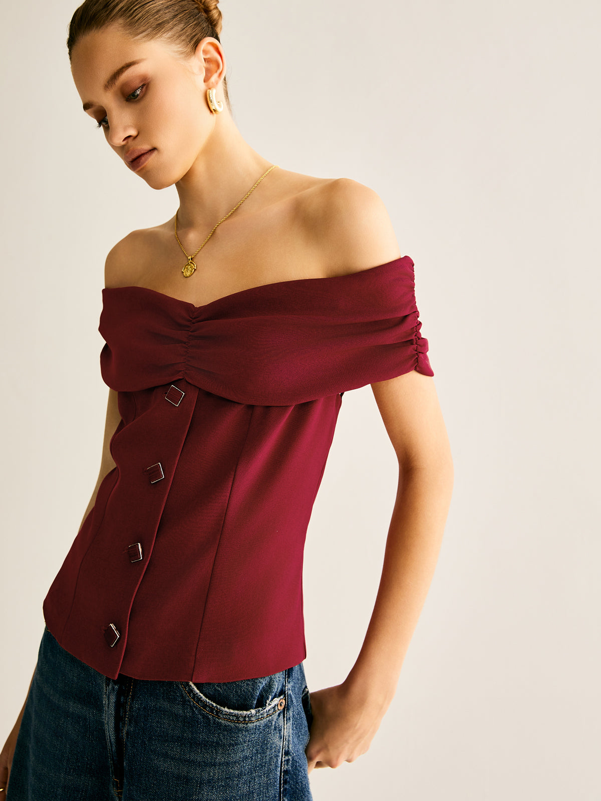 Off-Shoulder Ruched Breasted Blouse