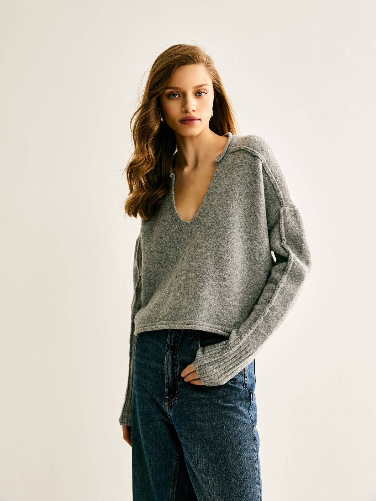 Plain V-Neck Shift Sweater