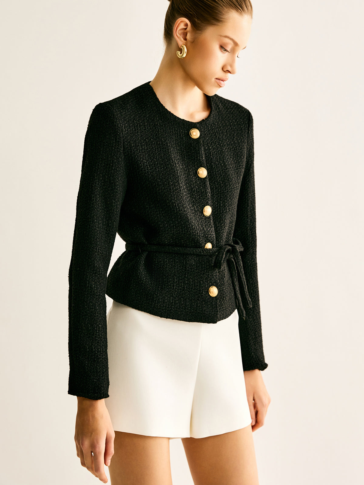 Rope-Belted Button Blazer