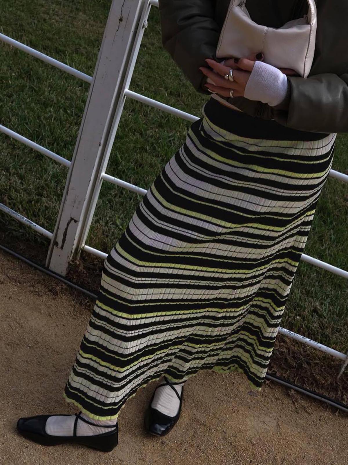 Striped Stretch Sweater Midi Skirt