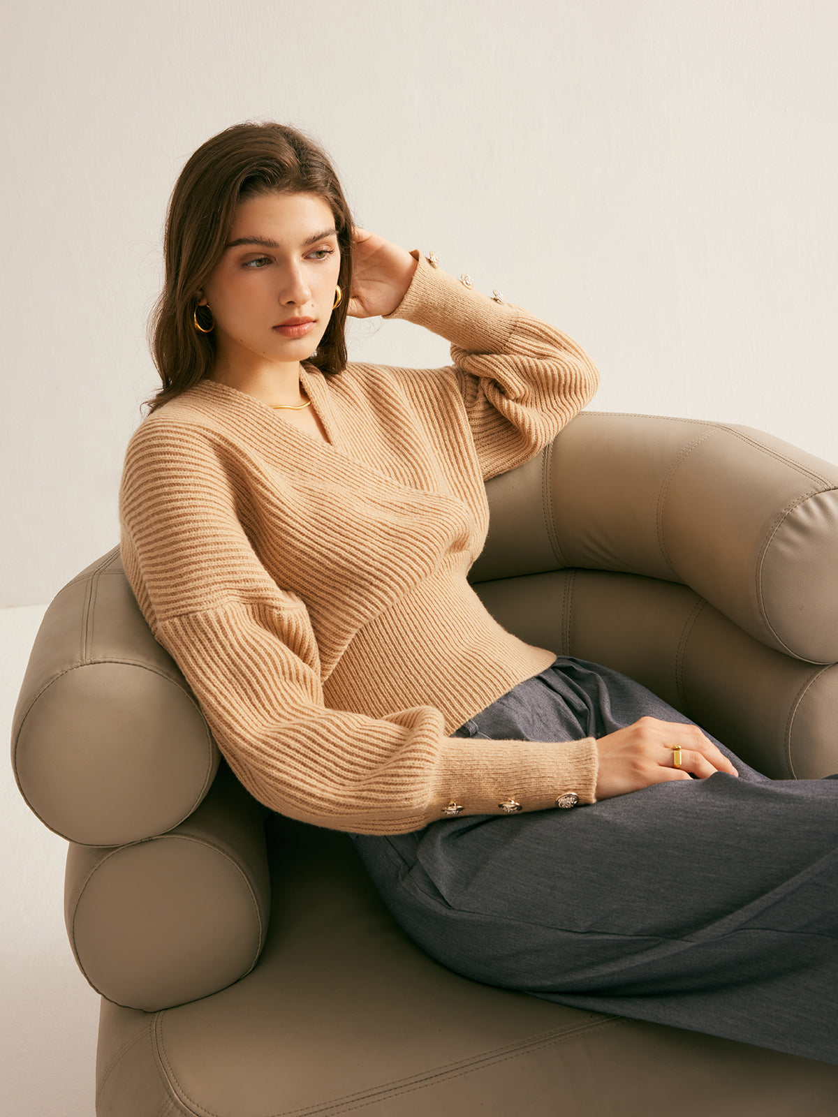 Ribbed Criss Cross Cinched Sweater