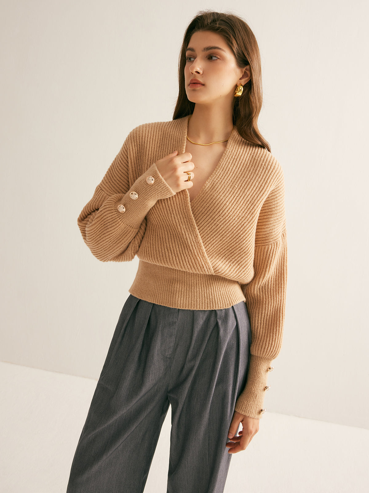 Ribbed Criss Cross Cinched Sweater