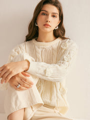 3D Flower Cable-Knit Pullover Sweater