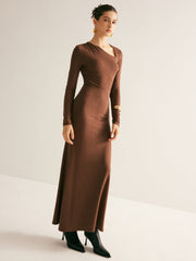 Plain Asymmetrical Neck Long Dress