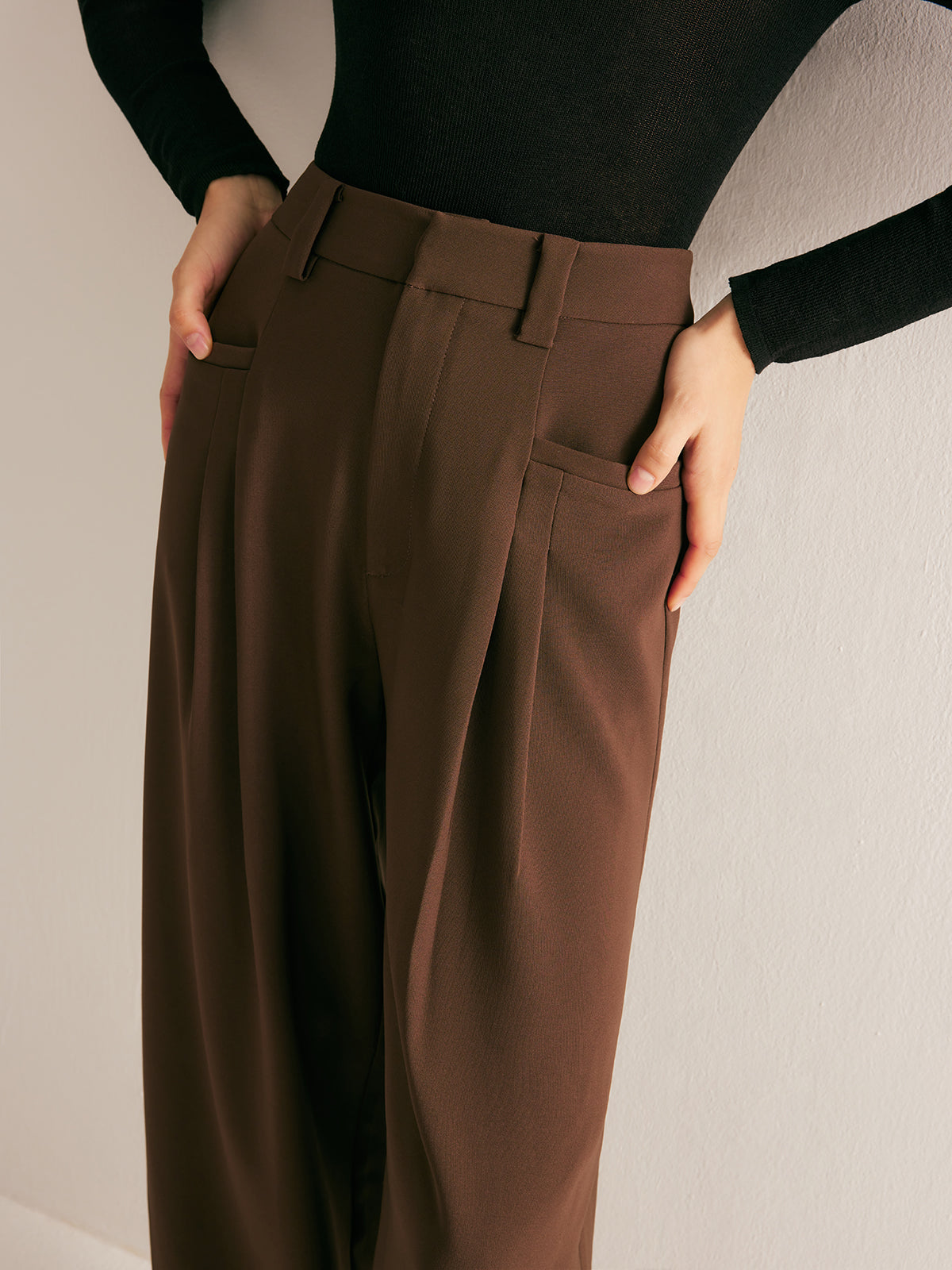 Casual Pleated Mid Waist Pants