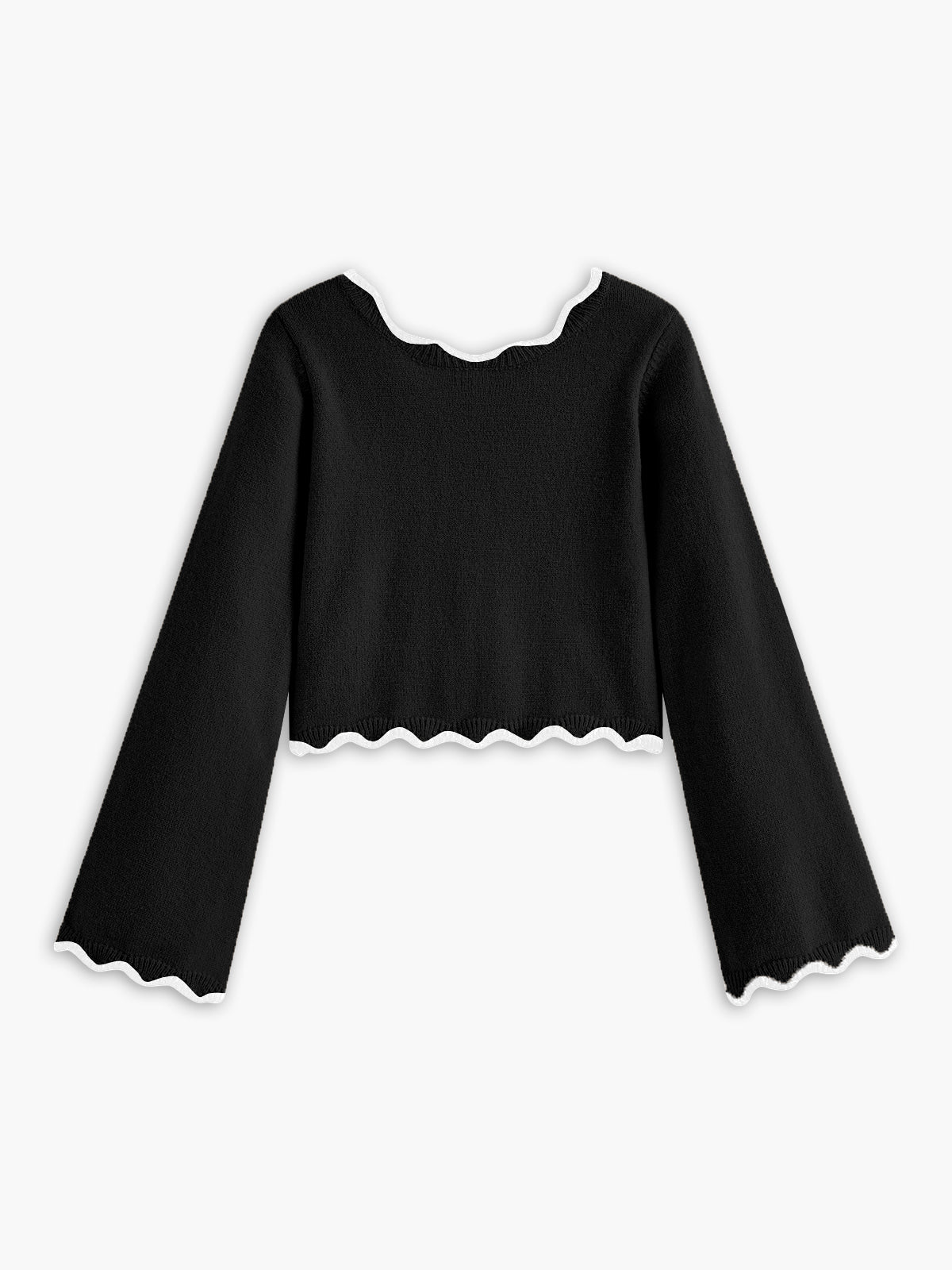 Contrast Wave Trim Bow Sweater