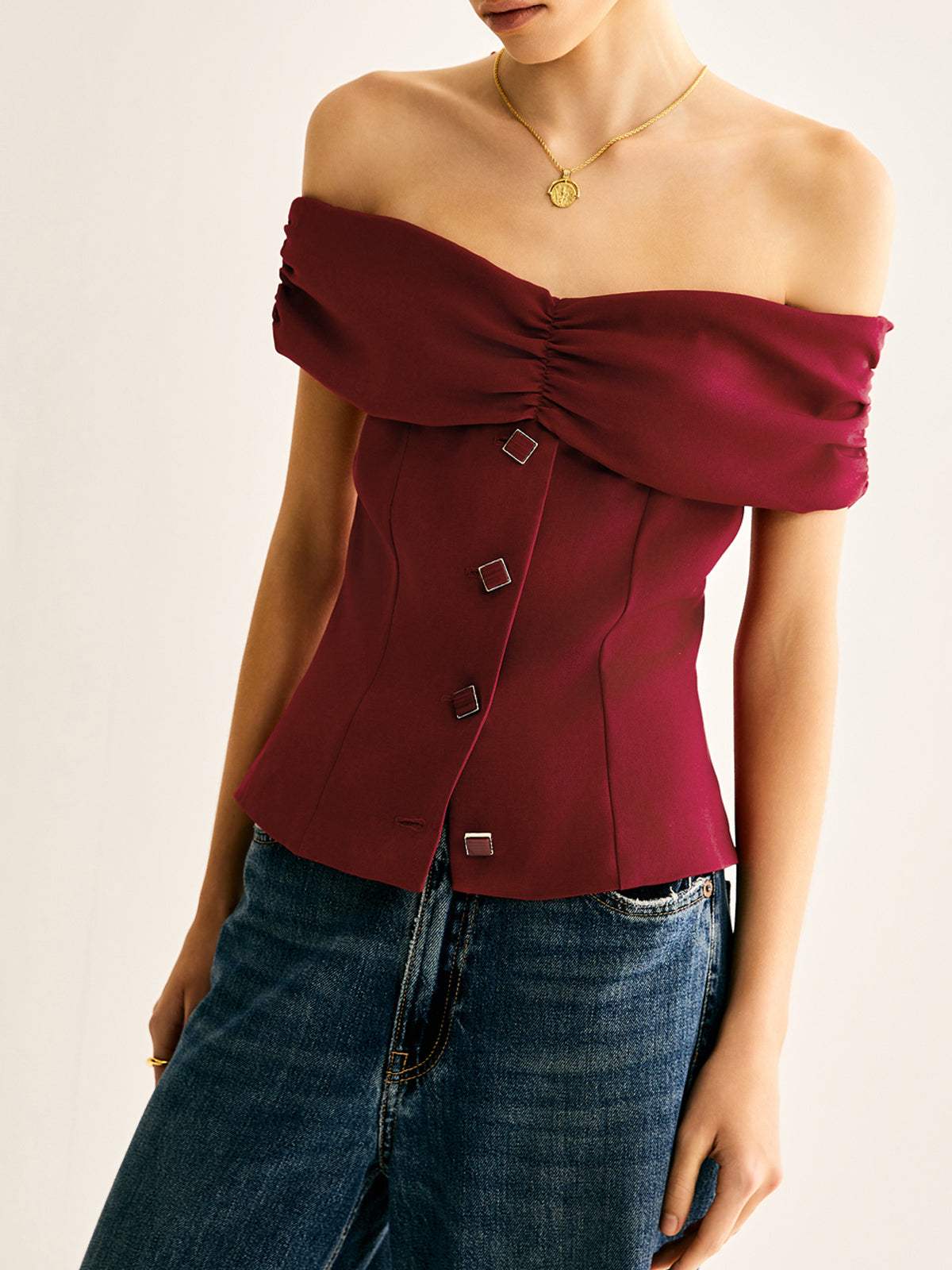 Off-Shoulder Ruched Breasted Blouse