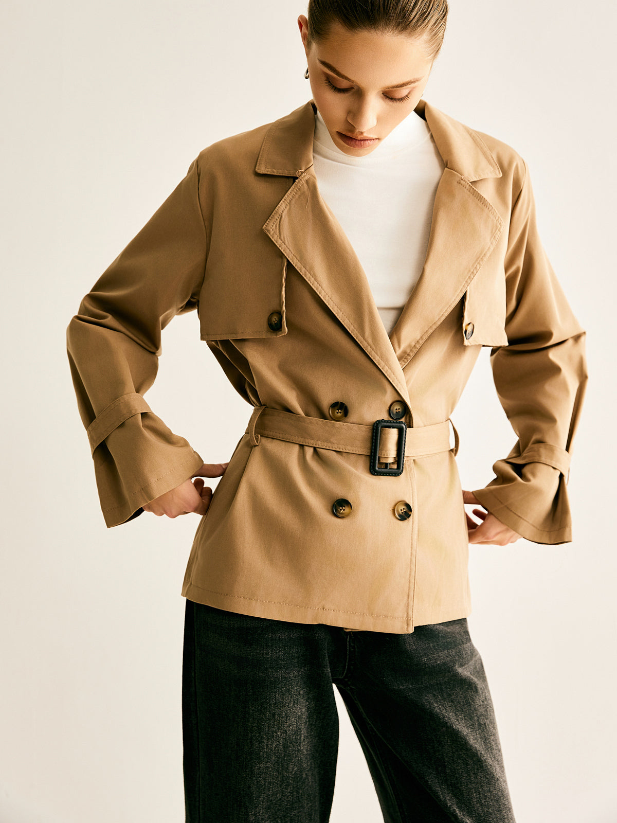 Lapel Buckle-Belted Trench Coat