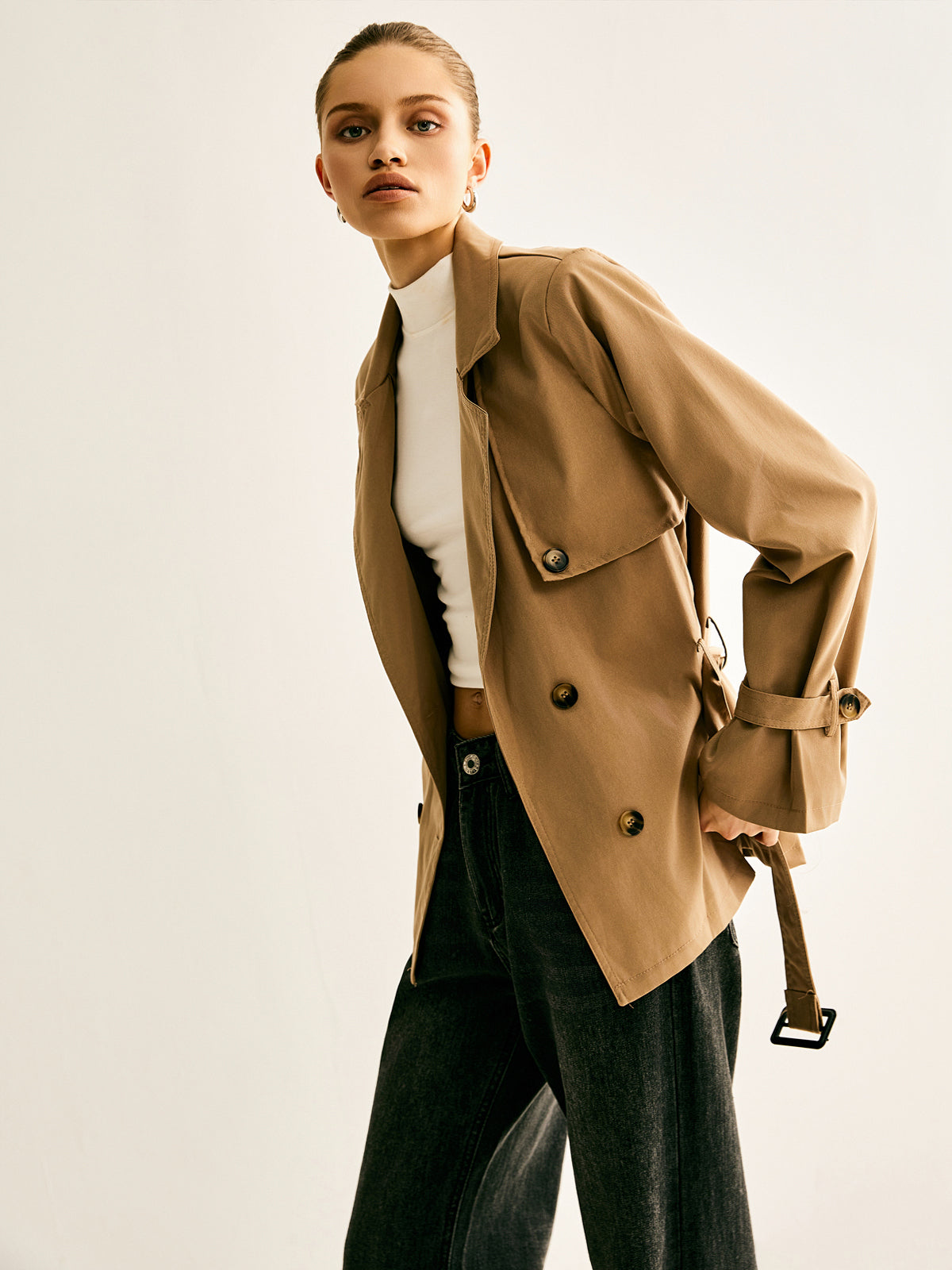 Lapel Buckle-Belted Trench Coat