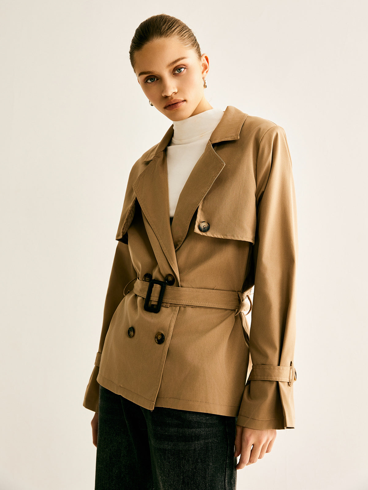 Lapel Buckle-Belted Trench Coat