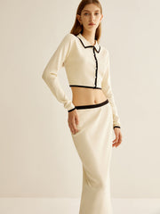 Minimalist Contrast Trim Lapel Skirt Set