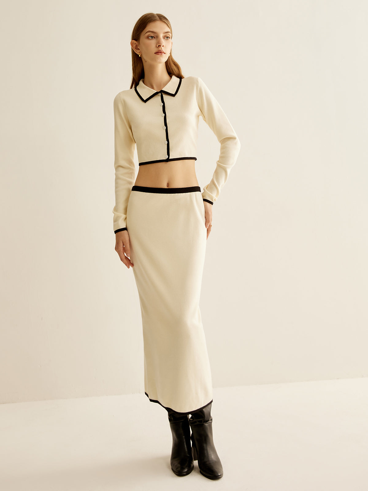 Minimalist Contrast Trim Lapel Skirt Set