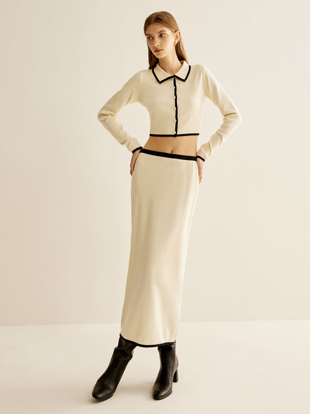 Minimalist Contrast Trim Lapel Skirt Set