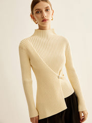 Mock-Neck Ribbed Cinched Sweater