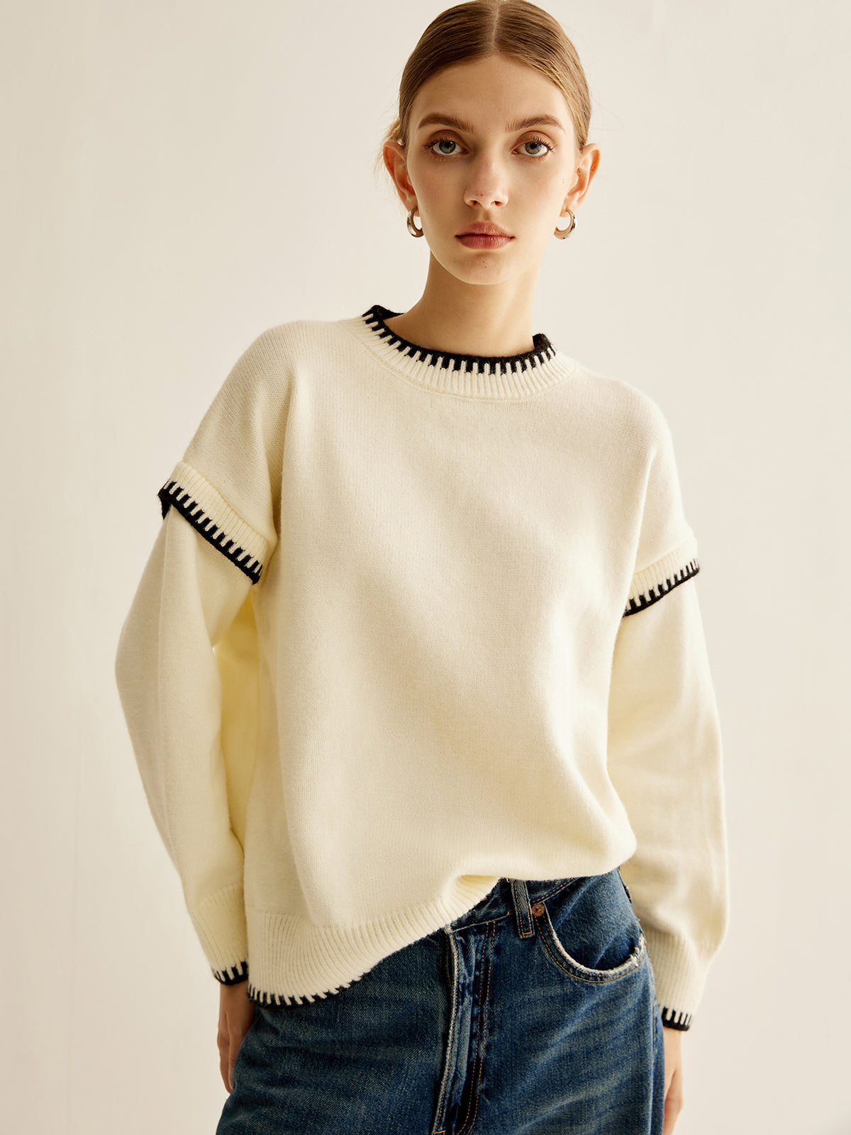 Embroidered Trim Pullover Sweater