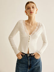 Lace Panel V-Neck Blouse