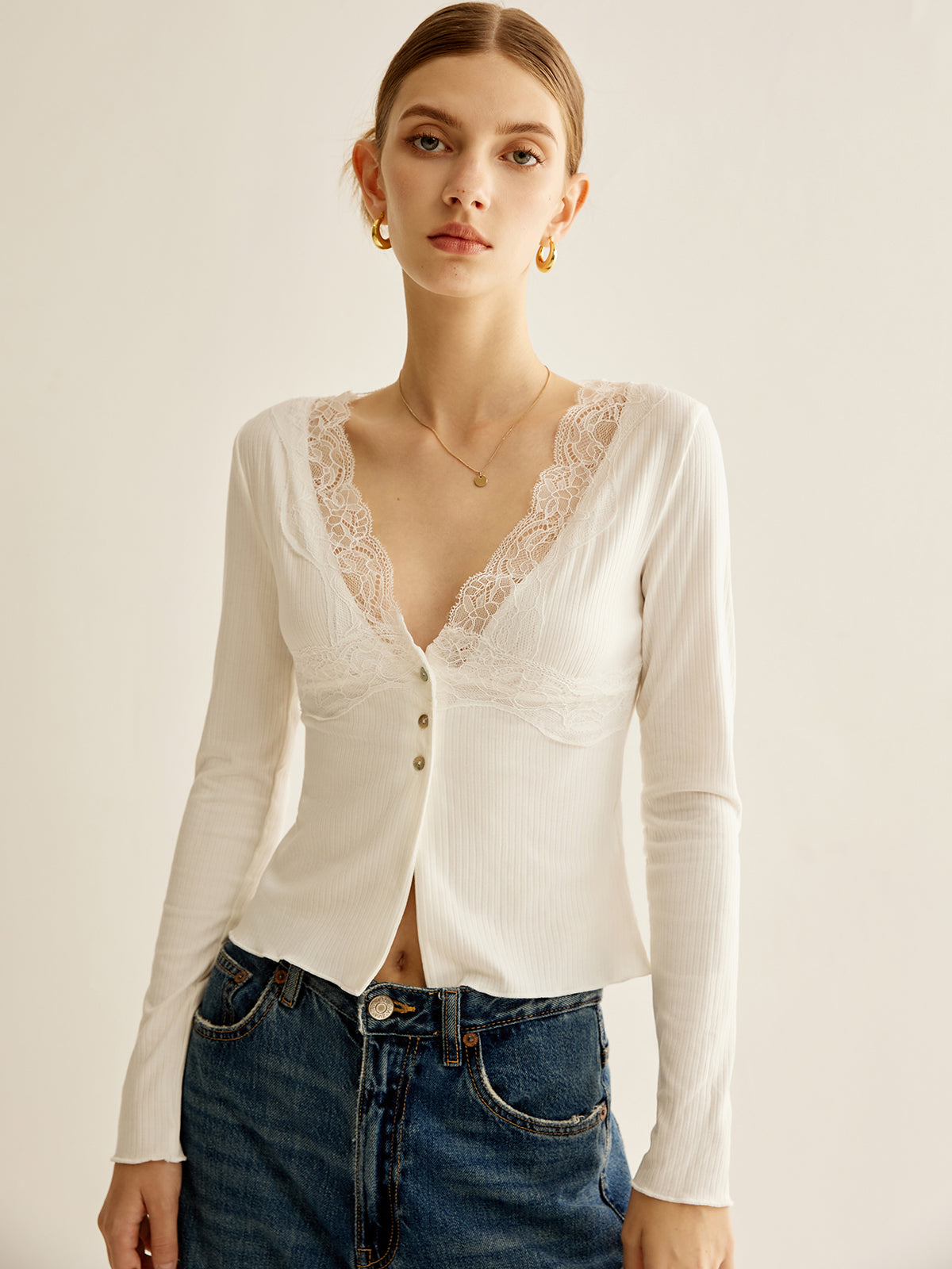 Lace Panel V-Neck Blouse