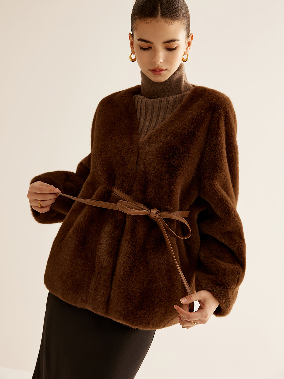 V-Neck Belted Faux Fur Coat