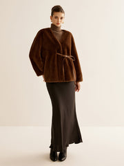 V-Neck Belted Faux Fur Coat