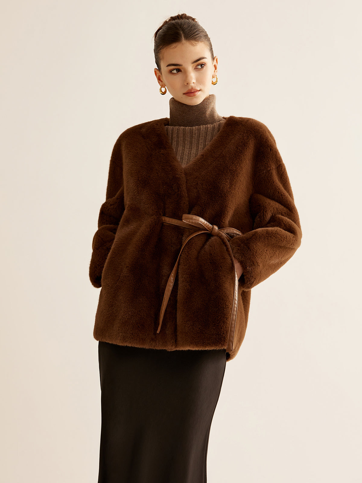 V-Neck Belted Faux Fur Coat