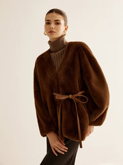 V-Neck Belted Faux Fur Coat