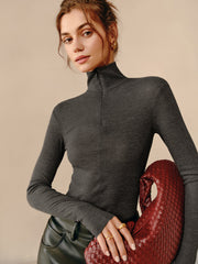 Turtleneck Ribbed Zipper Blouse