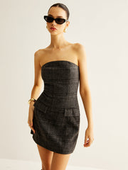 Tweed Checked Tube Short Dress