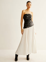 Panel Pleated Faux Leather Tube Dress