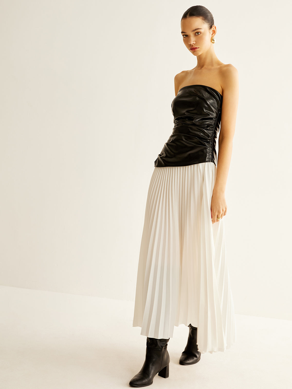 Panel Pleated Faux Leather Tube Dress