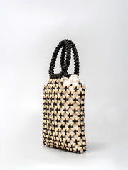 Contrast Binding Wood-Bead Woven Handbag