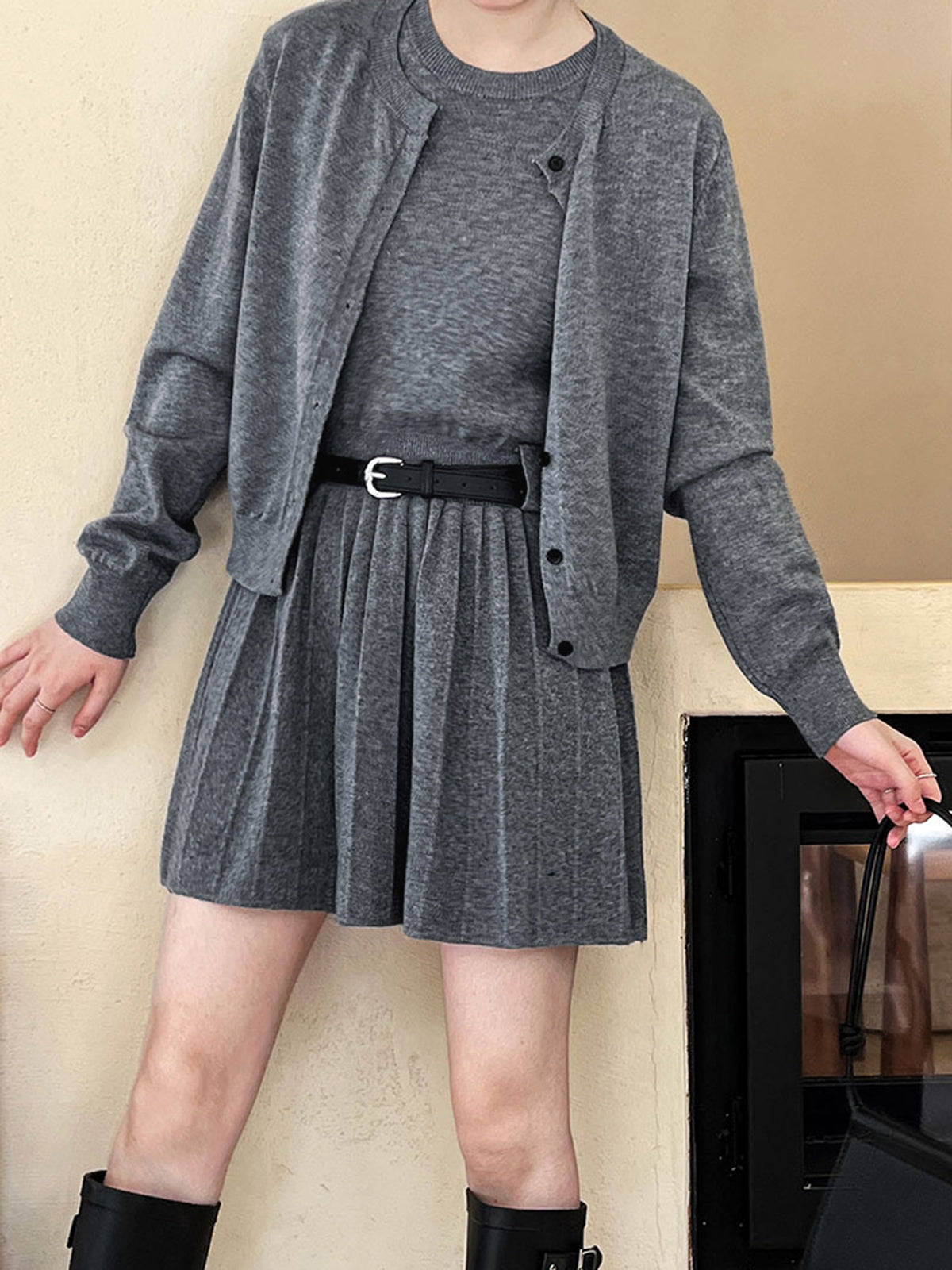 Crew Neck Pleated Belted Skirt Set