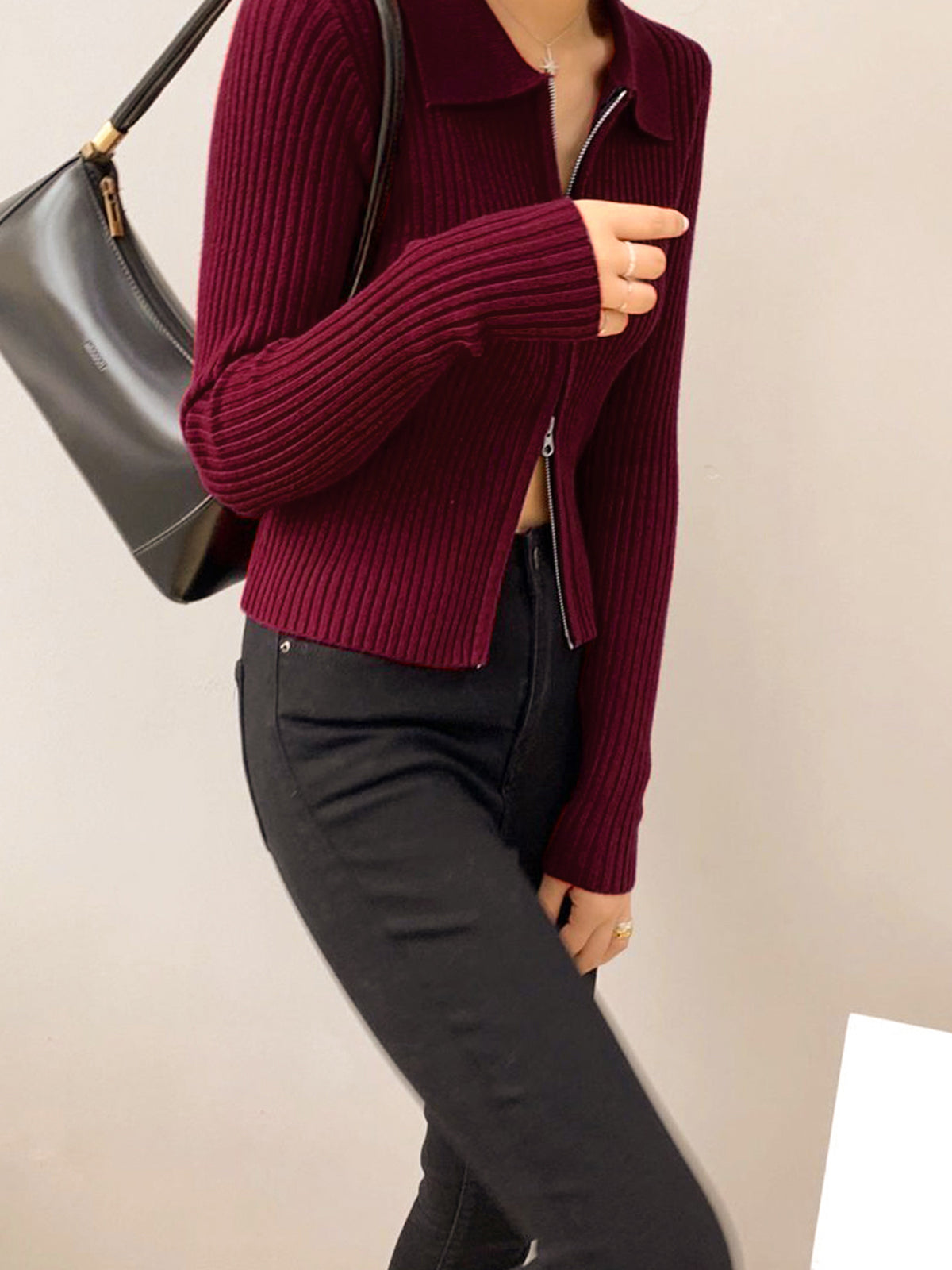 Double-Zip Ribbed Petite Sweater