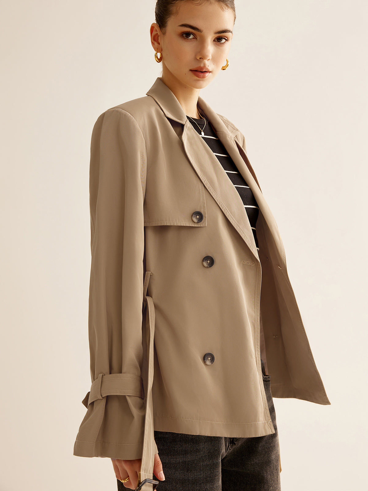 Belted Trench Coat With Shoulder Pads