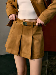 Suede Pleated Pockets Skirt With Belt